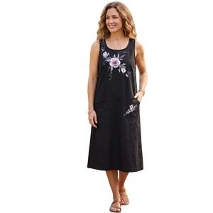 Las Olas VTG Black Cotton Floral hand Painted Jumper midi Dress Sz S Cottagecore
